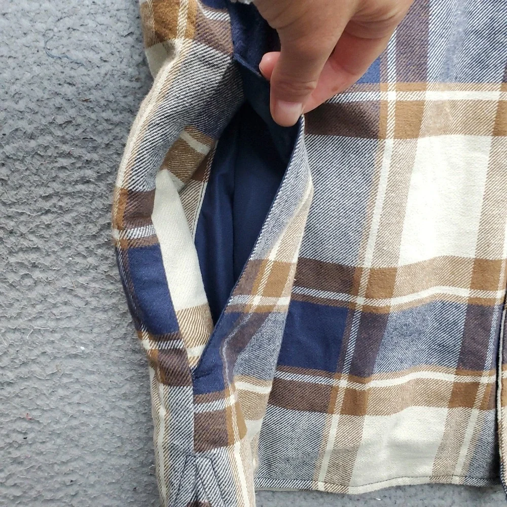 Levi's Flannel Shirt Jacket Men XL Multi Plaid Sherpa Lined Hood Snap Inside Zip - Picture 13 of 15